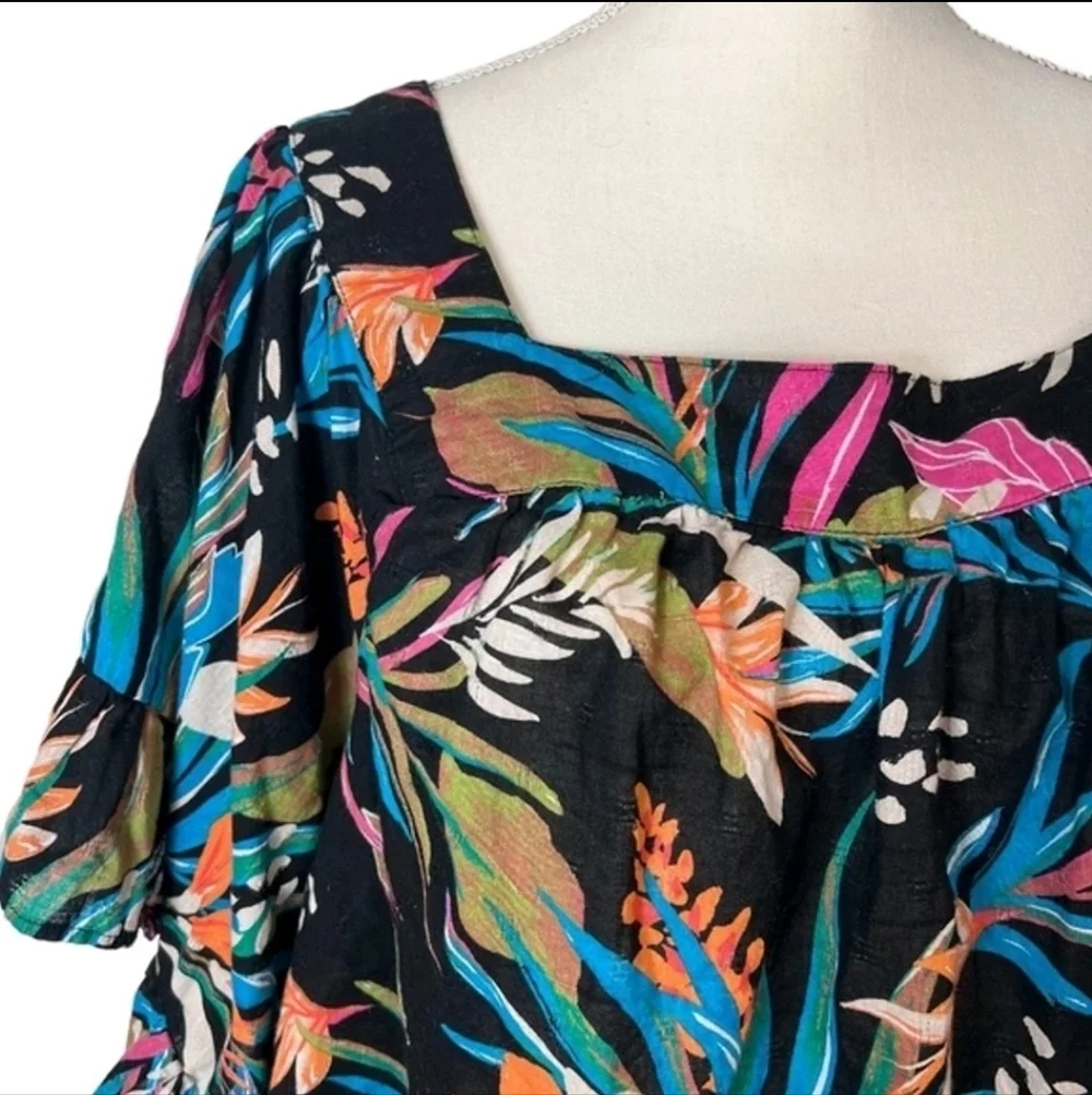 Plus Size Floral Cotton Blouse Square Neck Bell Sleeve Top Artsy Cottagecore NWT